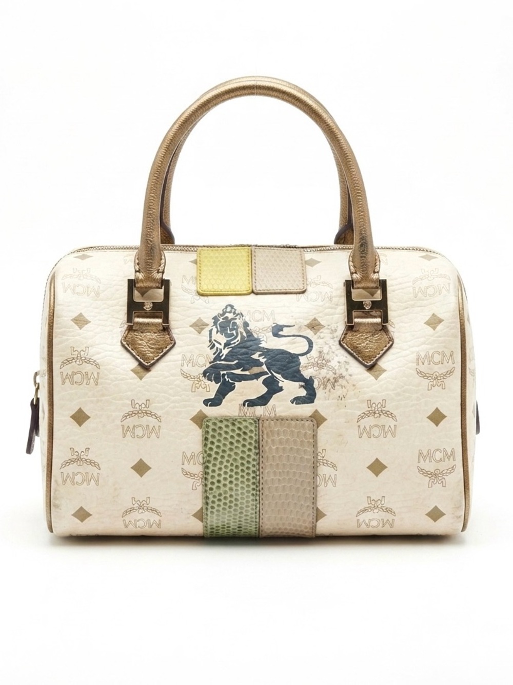 MCM München White Monogram Visetos Princess Lion Boston  Bag Satchel Handbag